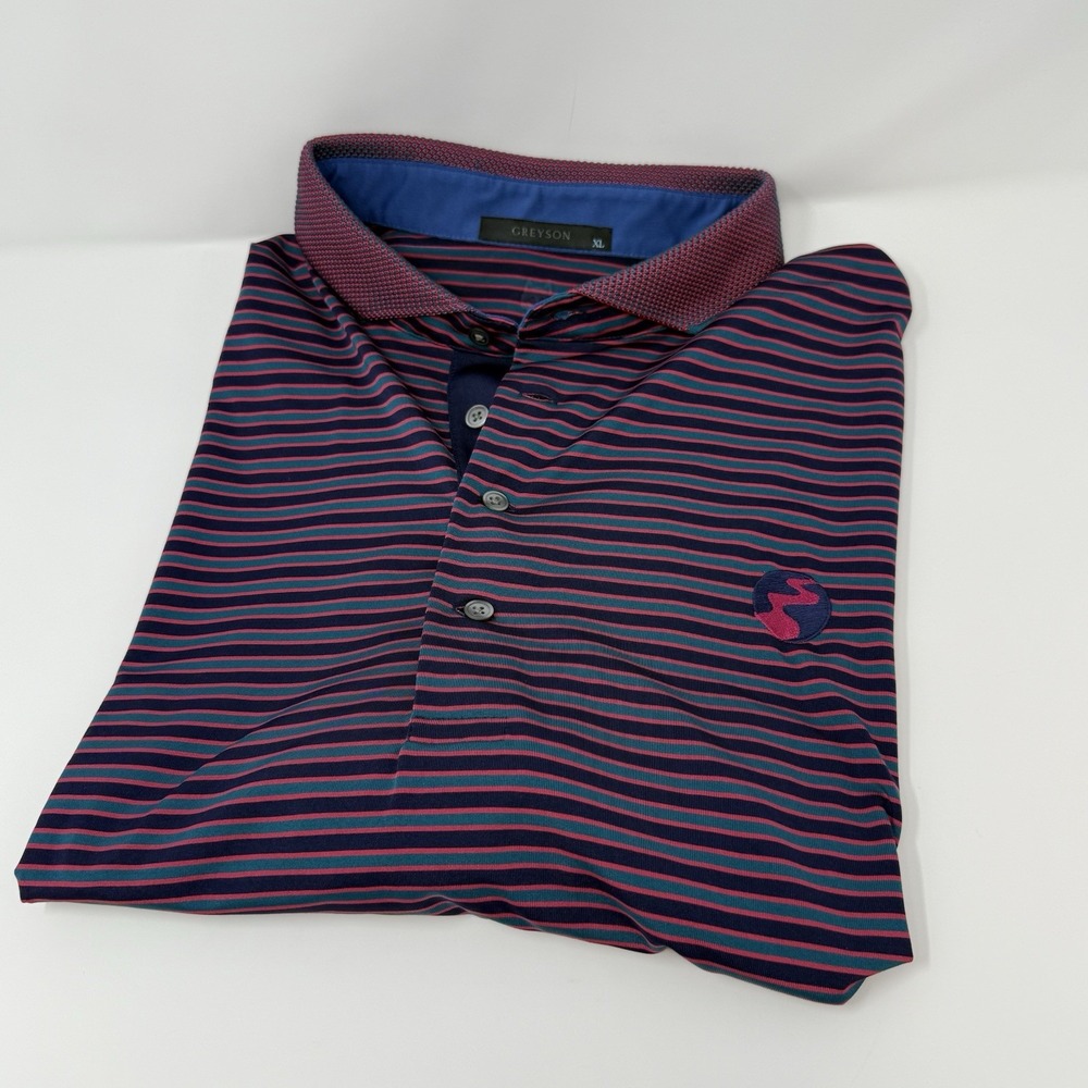 Greyson Polo Shirt Mens Extra Large Blue Pink Stripes Pablo Creek CC Logo